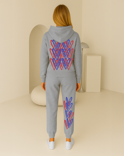 Red & Blue Hearts Printed Hooded Tracksuit Adult