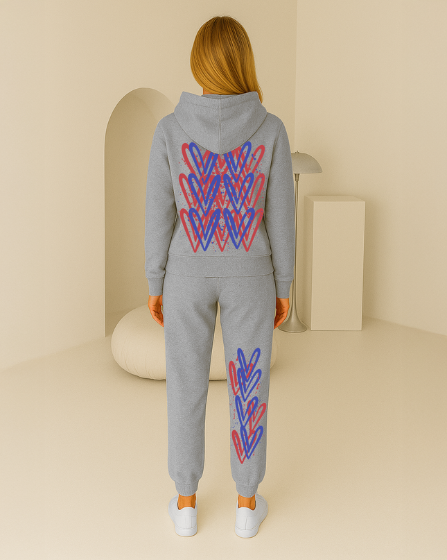Red & Blue Hearts Printed Hooded Tracksuit Adult