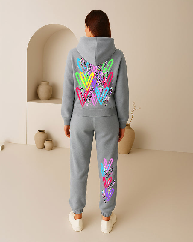 Bright Multi Colour Leopard Print Hearts Printed Hooded Tracksuit Adult