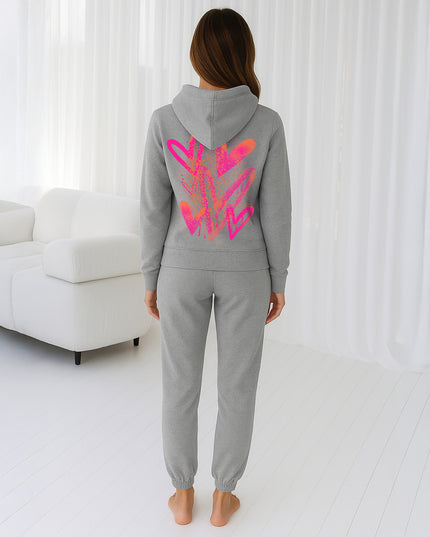 Neon Pink & Orange Scattered Hearts Printed Hooded Tracksuit Adult