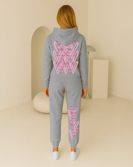 Dark Pink Zig Zag Hearts Printed Hooded Tracksuit Adult