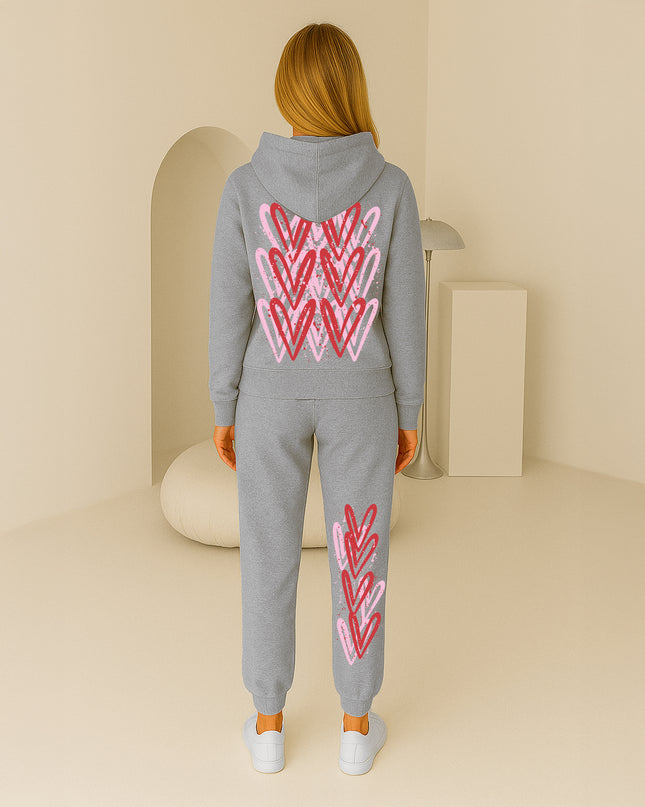 Pink & Red Hearts Printed Hooded Tracksuit Adult