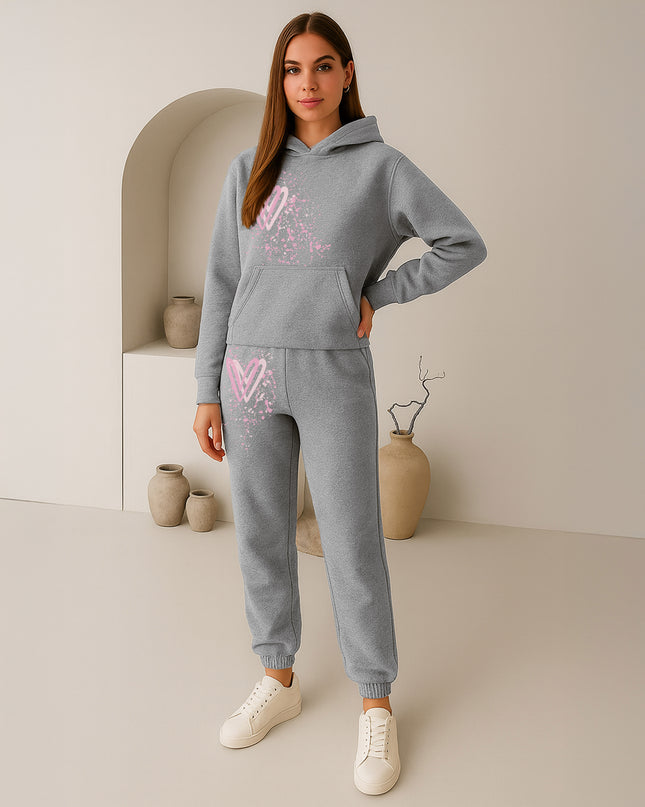 Pink Hearts Printed Hooded Tracksuit Adult