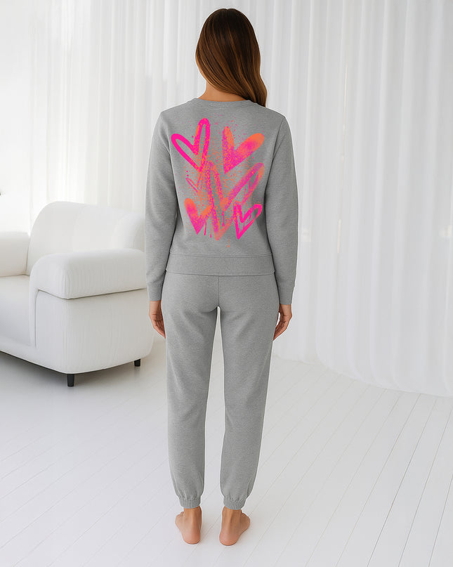 Neon Pink & Orange Scattered Hearts Printed Sweatshirt Tracksuit Adult