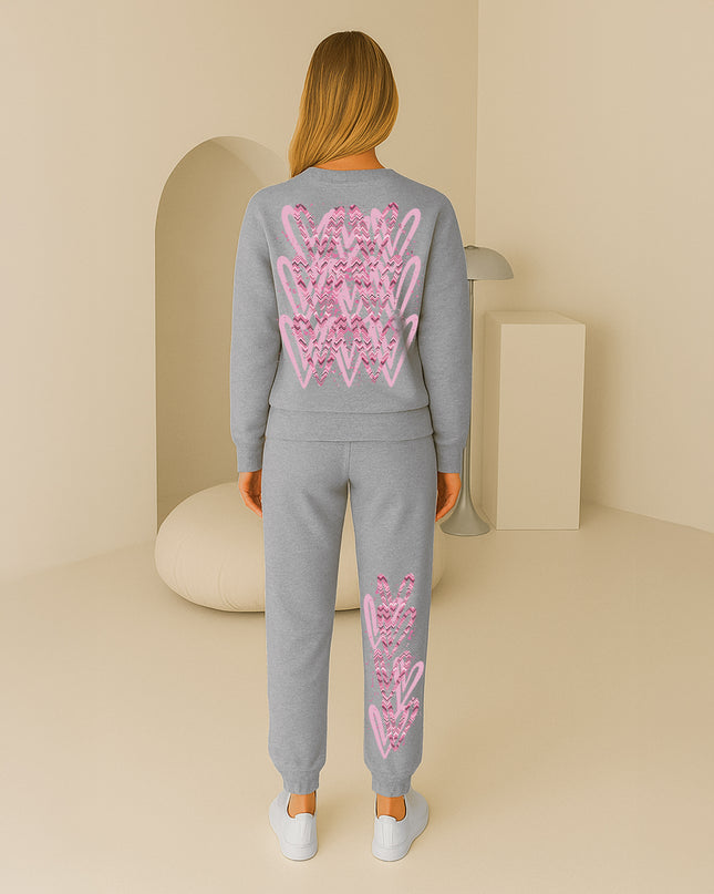 Dark Pink Zig Zag Hearts Printed Sweatshirt Tracksuit Adult