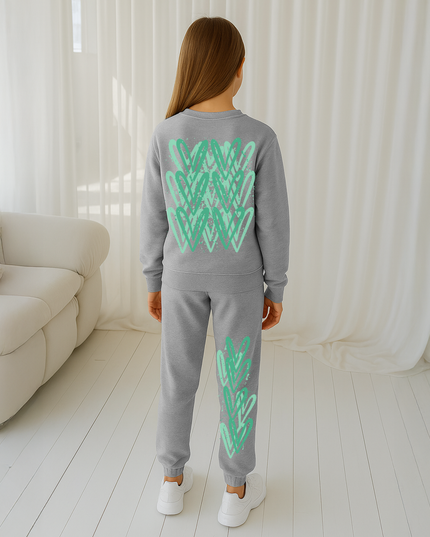 Green Hearts Printed Sweatshirt Tracksuit Kids
