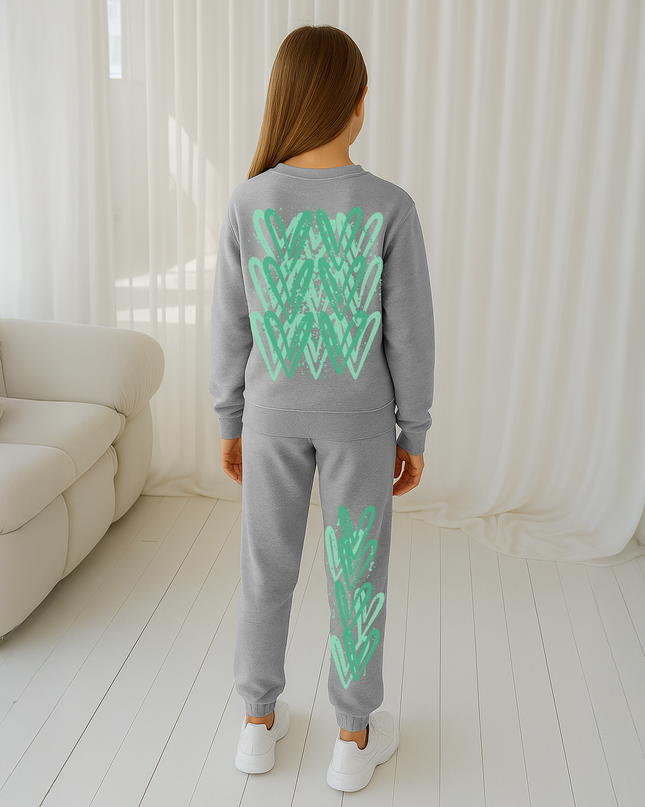Green Hearts Printed Sweatshirt Tracksuit Kids