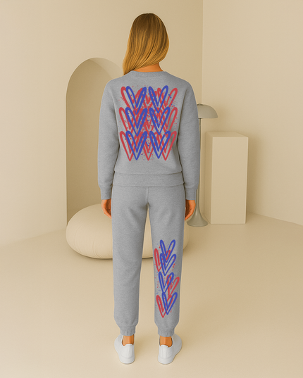 Red & Blue Hearts Printed Sweatshirt Tracksuit Adult