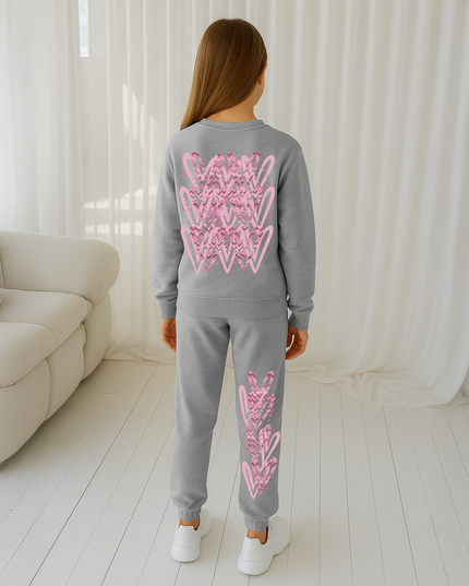 Dark Pink Zig Zag Hearts Printed Sweatshirt Tracksuit Kids