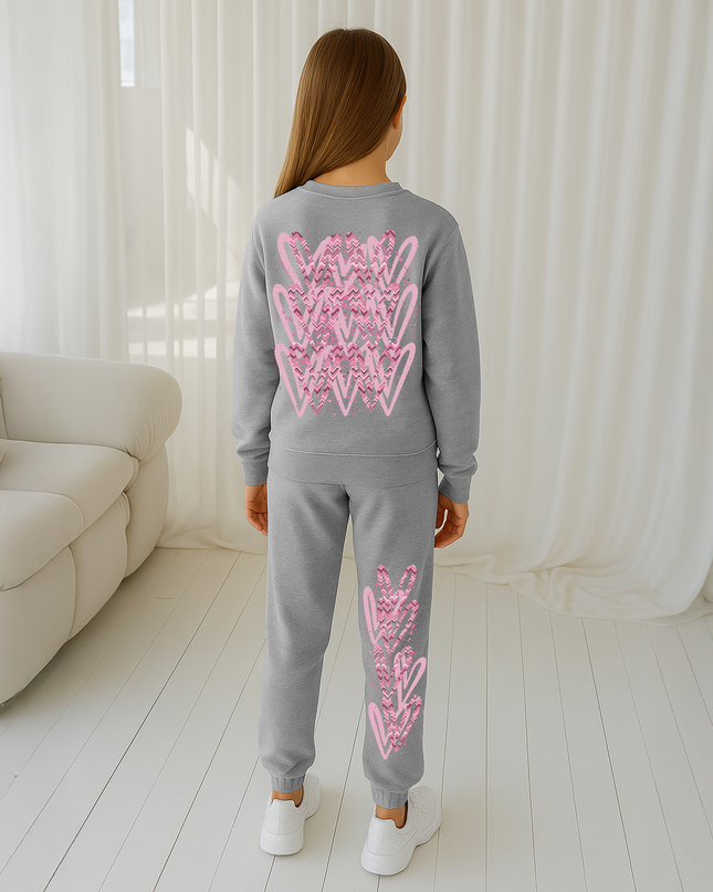 Dark Pink Zig Zag Hearts Printed Sweatshirt Tracksuit Kids