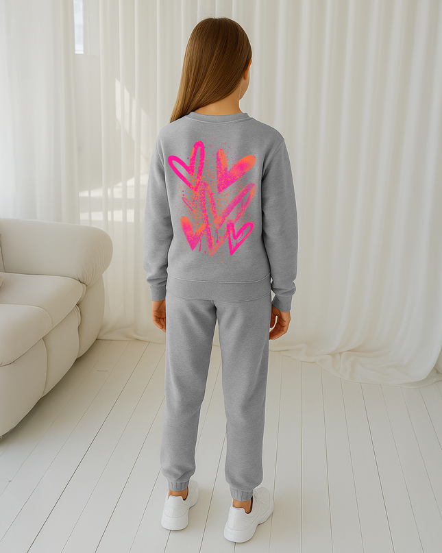 Neon Pink/Orange Scatter Hearts Printed Sweatshirt Tracksuit Kids