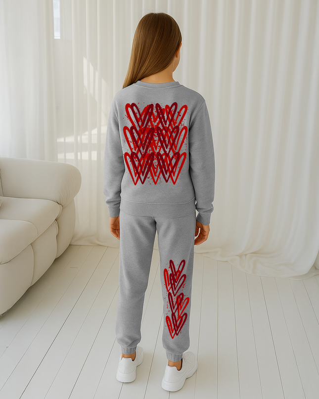 Deep Red Hearts Printed Sweatshirt Tracksuit Kids