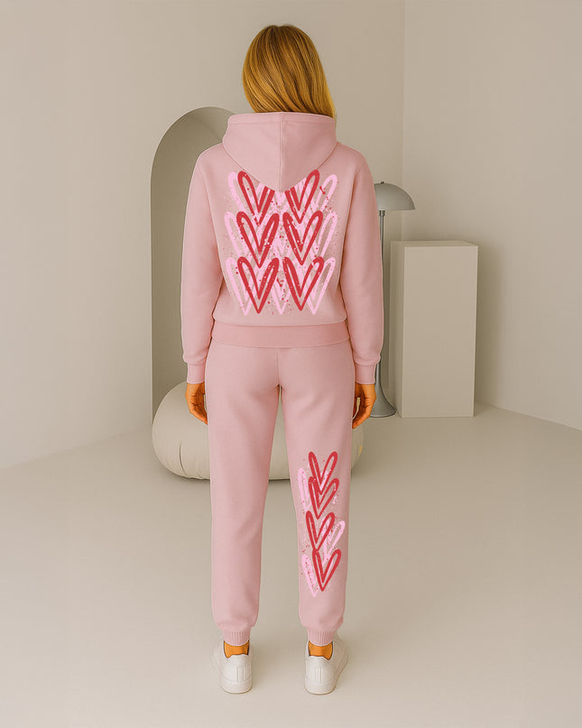 Pink & Red Hearts Printed Hooded Tracksuit Adult