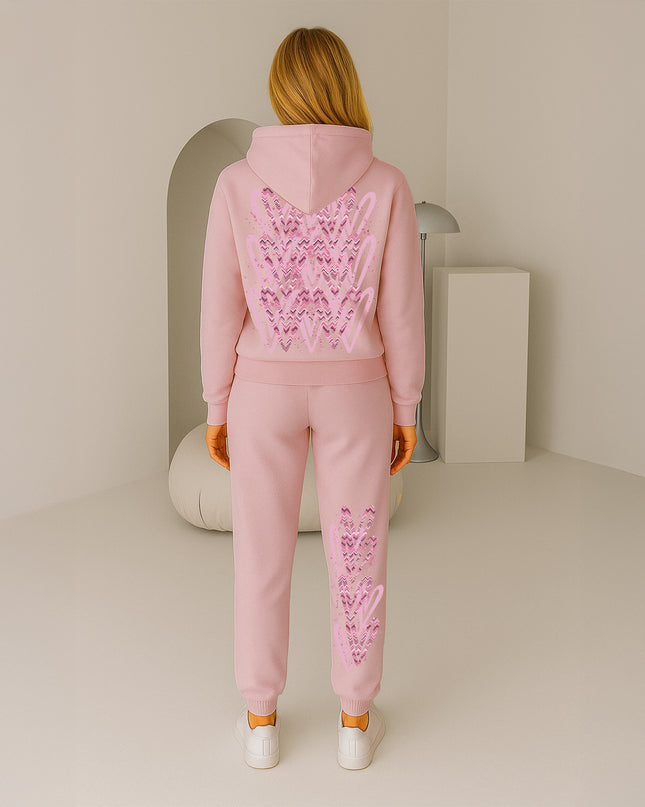 Dark Pink Zig Zag Hearts Printed Hooded Tracksuit Adult