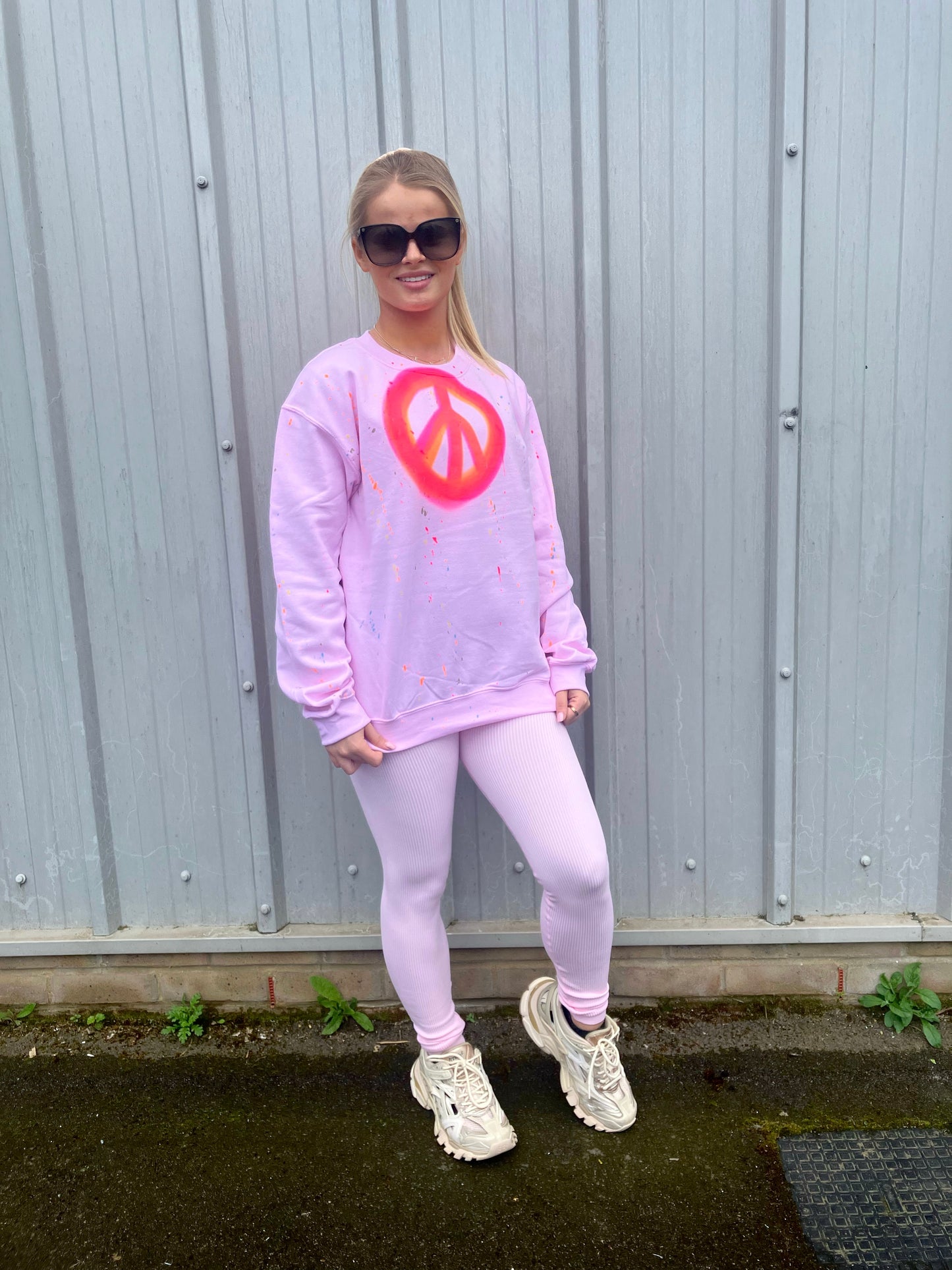 Pink Neon Peace Sweatshirt And Legging Set
