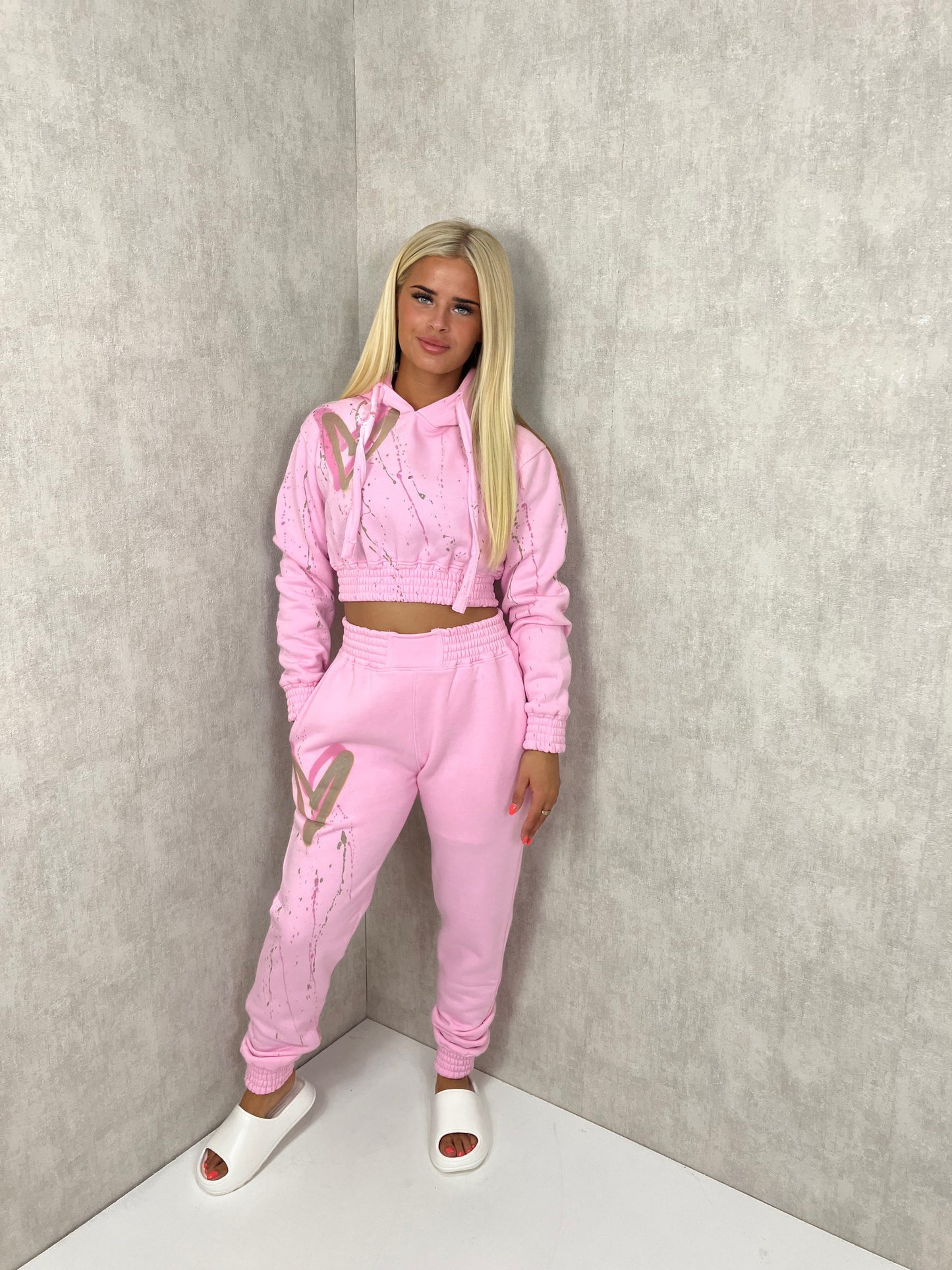 Pink/Gold Heart Cropped Hooded Tracksuit