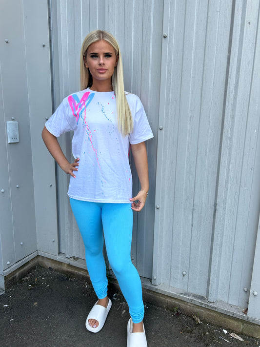 Neon Pink/Blue Heart T-Shirt And Legging Set