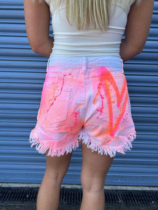 White Neon Heart Sprayed Denim Shorts