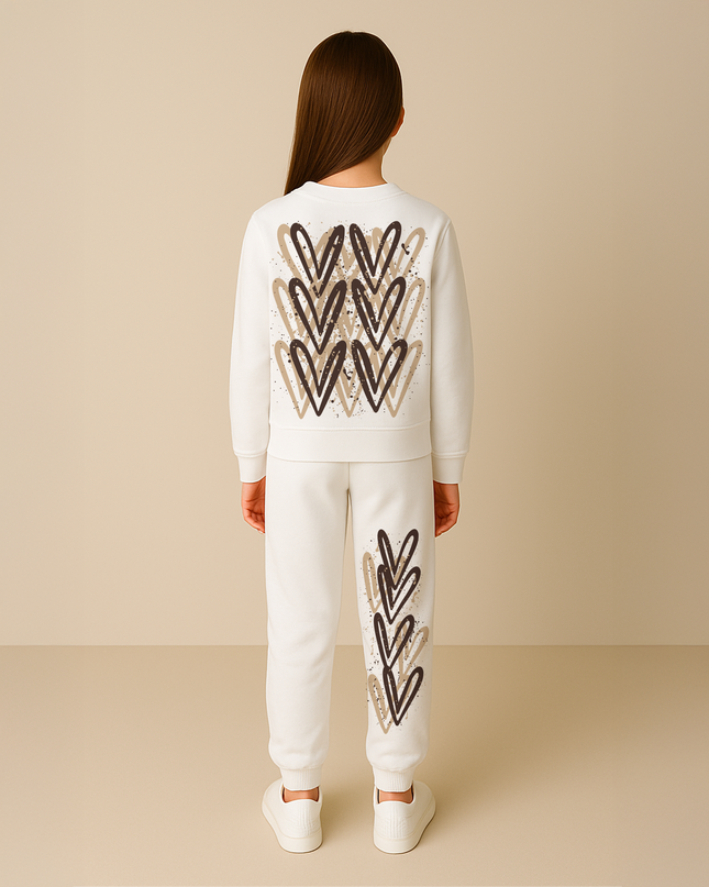 Beige Hearts Printed Sweatshirt Tracksuit Kids