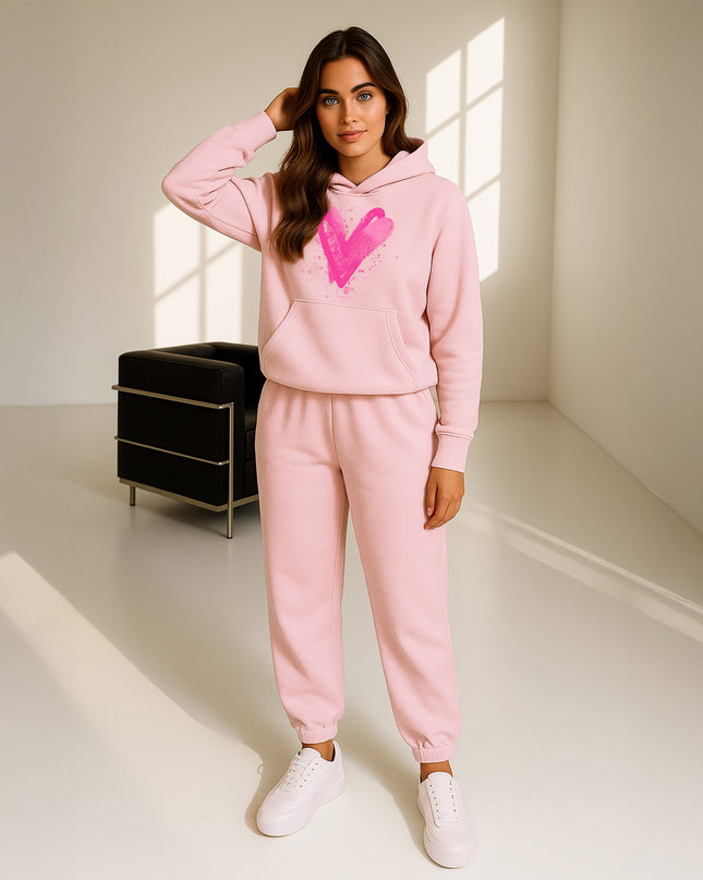 Hot Pink Scattered Hearts Printed Hooded Tracksuit Adult