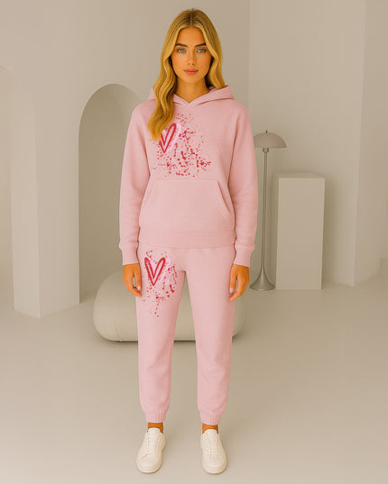 Pink & Red Hearts Printed Hooded Tracksuit Adult