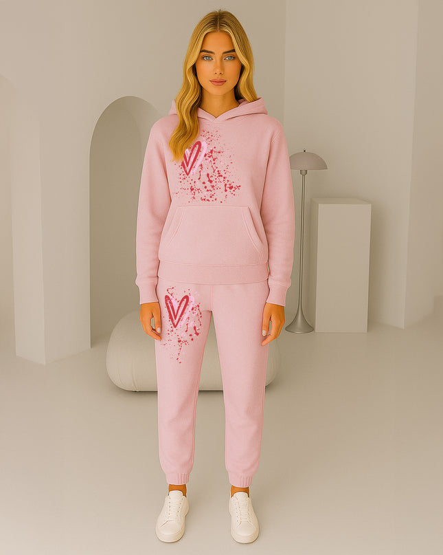 Pink & Red Hearts Printed Hooded Tracksuit Adult