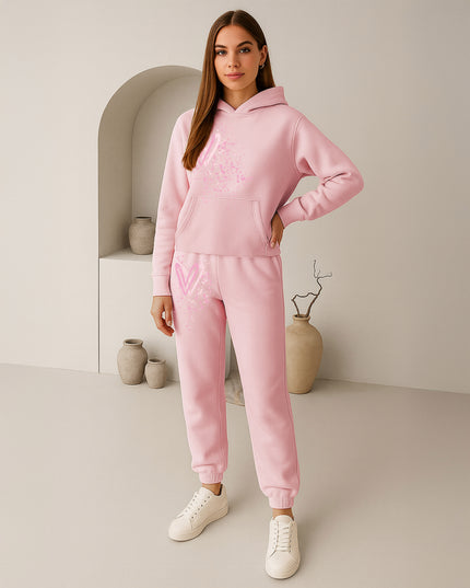 Pink Hearts Printed Hooded Tracksuit Adult