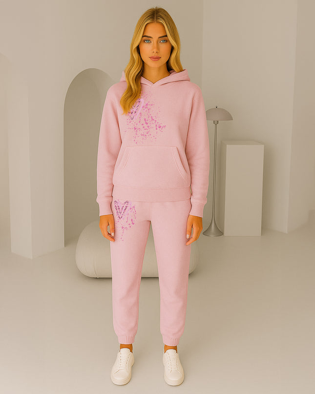 Dark Pink Zig Zag Hearts Printed Hooded Tracksuit Adult
