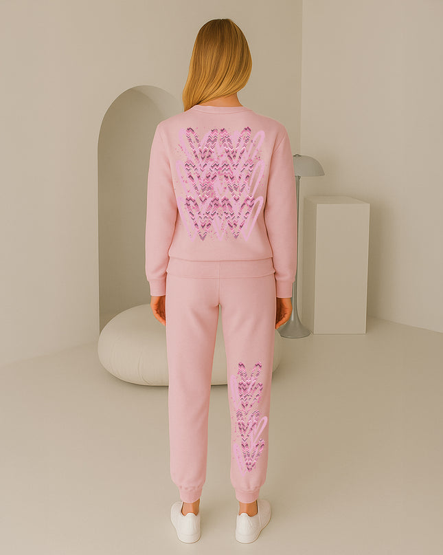 Dark Pink Zig Zag Hearts Printed Sweatshirt Tracksuit Adult