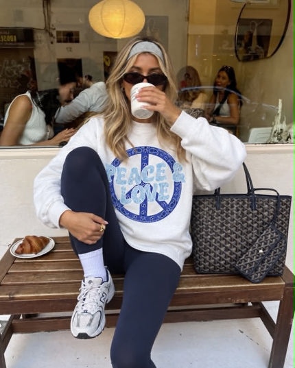 Peace & Love Sweatshirt in white with blue paisley peace sign – women's sweatshirt by Miss Runway