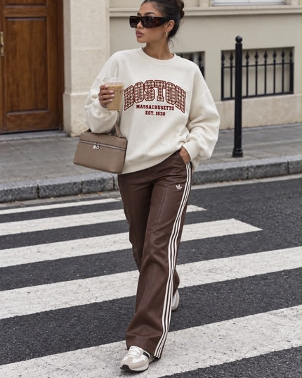 Boston Houndstooth Sweatshirt in cream with brown houndstooth lettering – women's sweatshirt by Miss Runway
