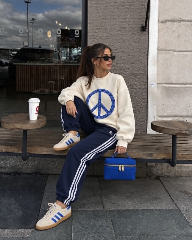 Royal Blue Paisley Peace Sweatshirt in cream with royal blue peace sign – women's sweatshirt by Miss Runway