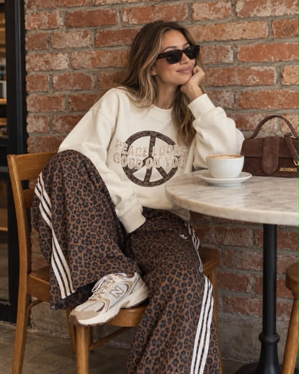 Peace Looks Good On You Sweatshirt in cream with brown peace sign – women's sweatshirt by Miss Runway