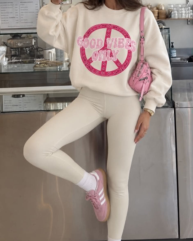 Good Vibes Only Sweatshirt in cream with pink paisley peace sign – women's sweatshirt by Miss Runway