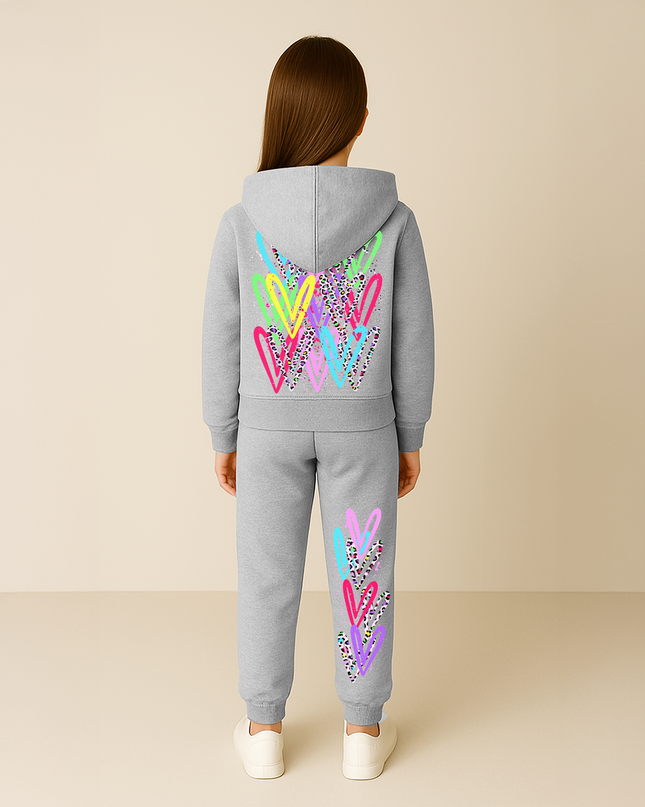 Multi Colour Leopard Hearts Printed Hooded Tracksuit Kids