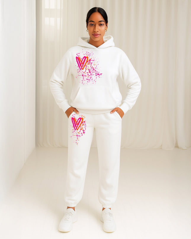 Neon Pink & Orange Hearts Printed Hooded Tracksuit Adult