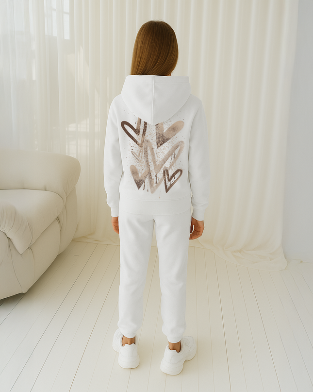 Brown Scattered Hearts Printed Hooded Tracksuit Kids