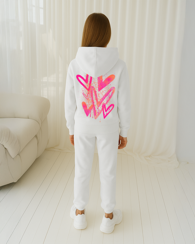 Neon Pink/Orange Scattered Hearts Printed Hooded Tracksuit Kids