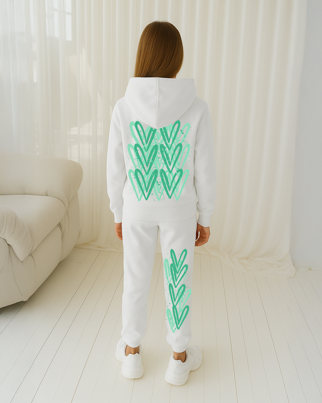 Green Hearts Printed Hooded Tracksuit Kids