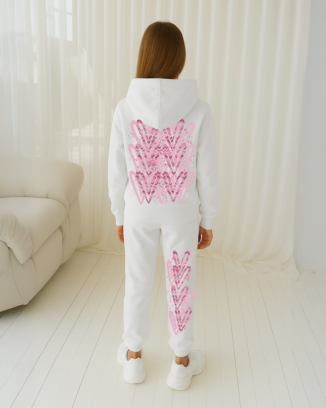 Dark Pink Zig Zag Hearts Printed Hooded Tracksuit Kids