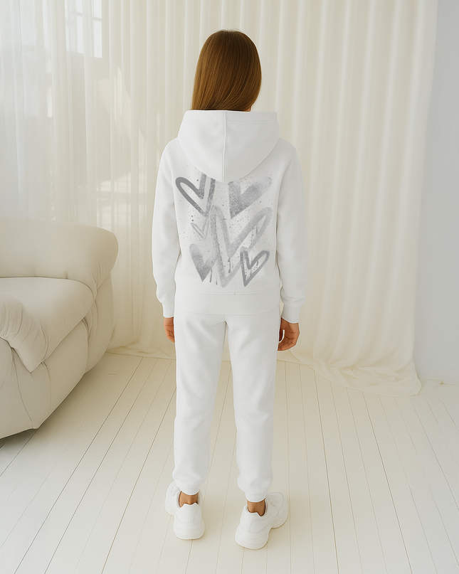 Grey Scattered Hearts Printed Hooded Tracksuit Kids