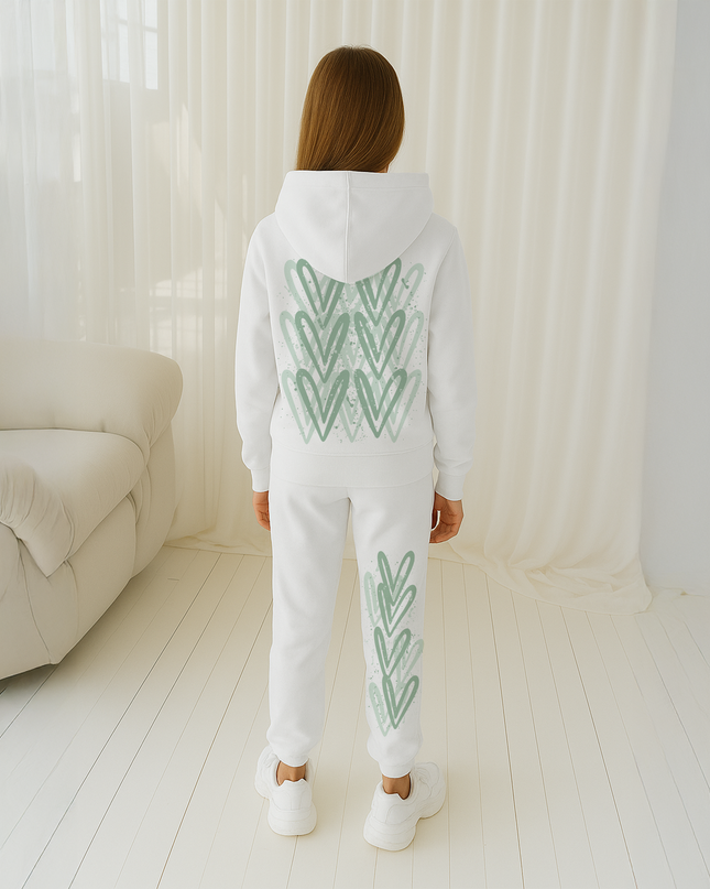 Sage Green Hearts Printed Hooded Tracksuit Kids