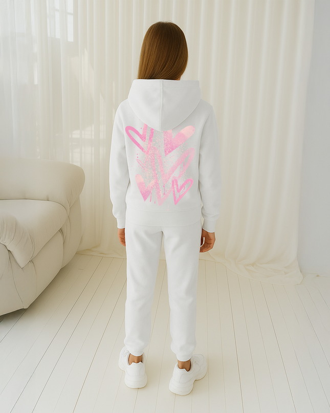 Pink Scattered Hearts Printed Hooded Tracksuit Kids
