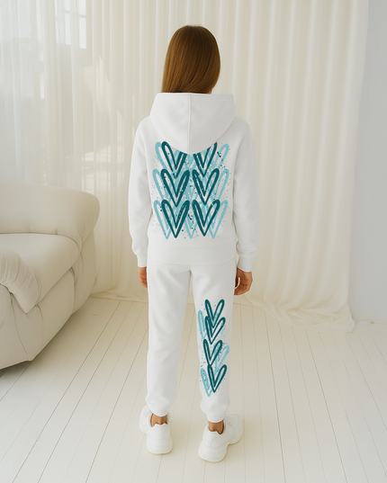 Teal Hearts Printed Hooded Tracksuit Kids
