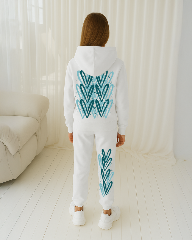 Teal Hearts Printed Hooded Tracksuit Kids