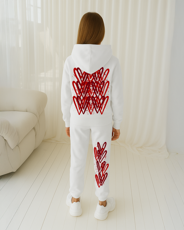 Deep Red Hearts Printed Hooded Tracksuit Kids