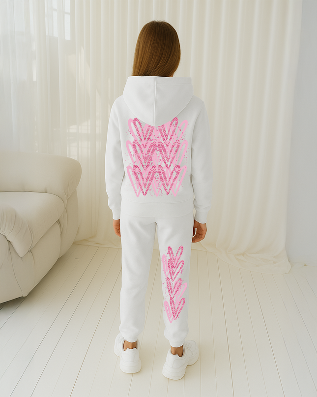 Pink Zig Zag Hearts Printed Hooded Tracksuit Kids