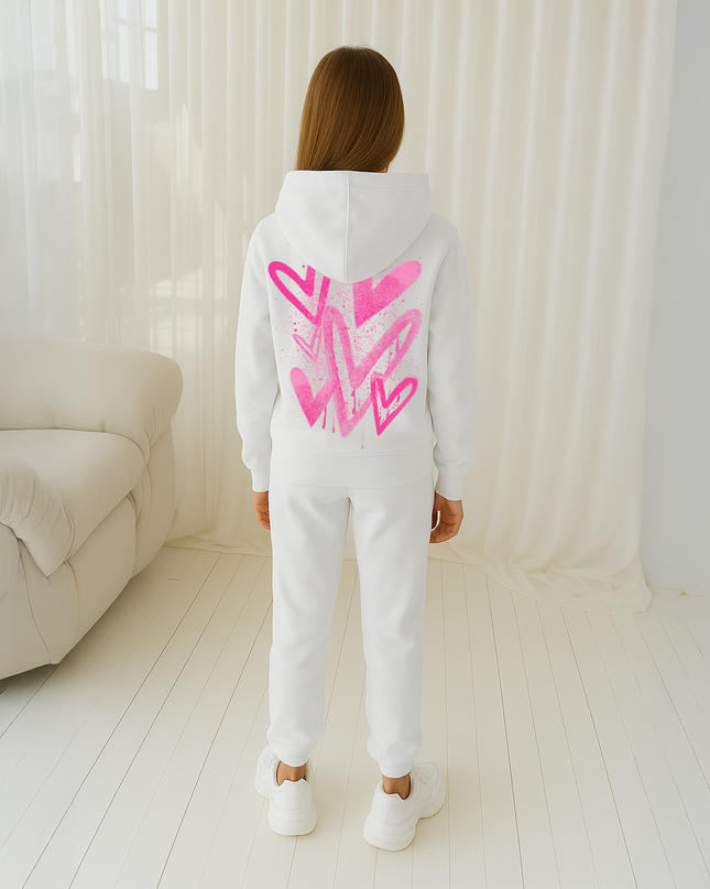 Hot Pink Scattered Hearts Printed Hooded Tracksuit Kids