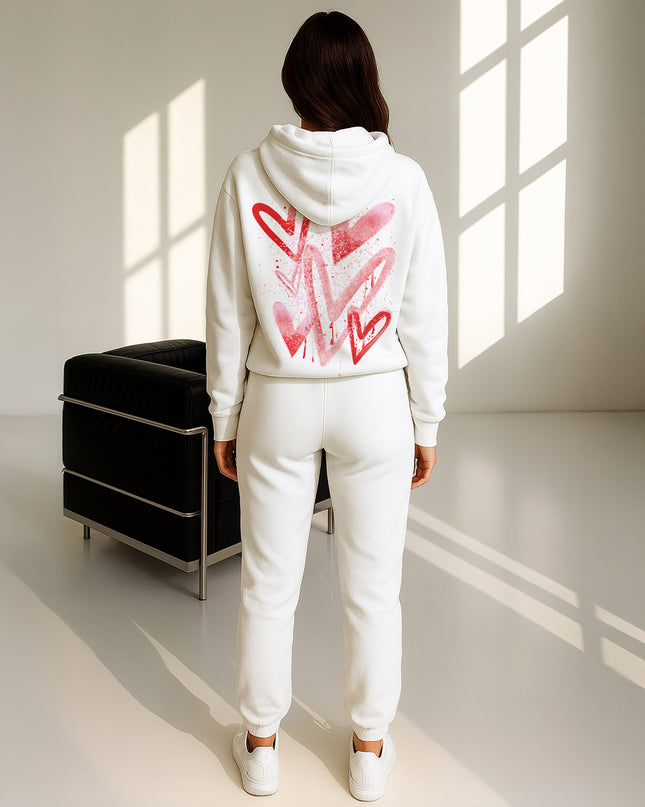 Red Scattered Hearts Printed Hooded Tracksuit Adult
