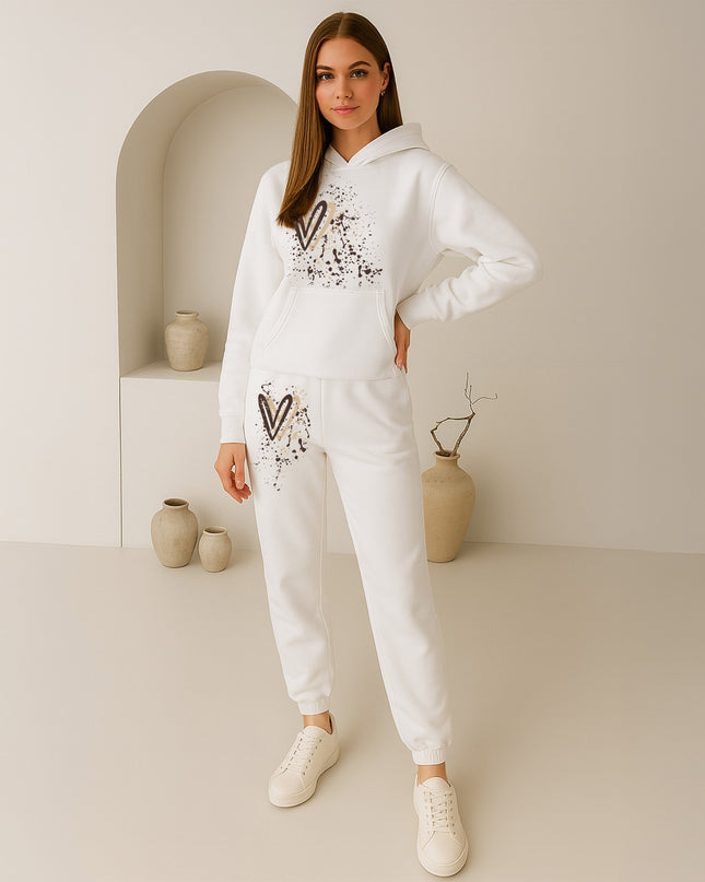 Beige Hearts Printed Hooded Tracksuit Adult